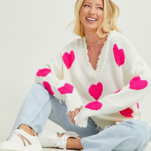Vici Cream Pink Hearts Distressed Sweater - Picture 1 of 4